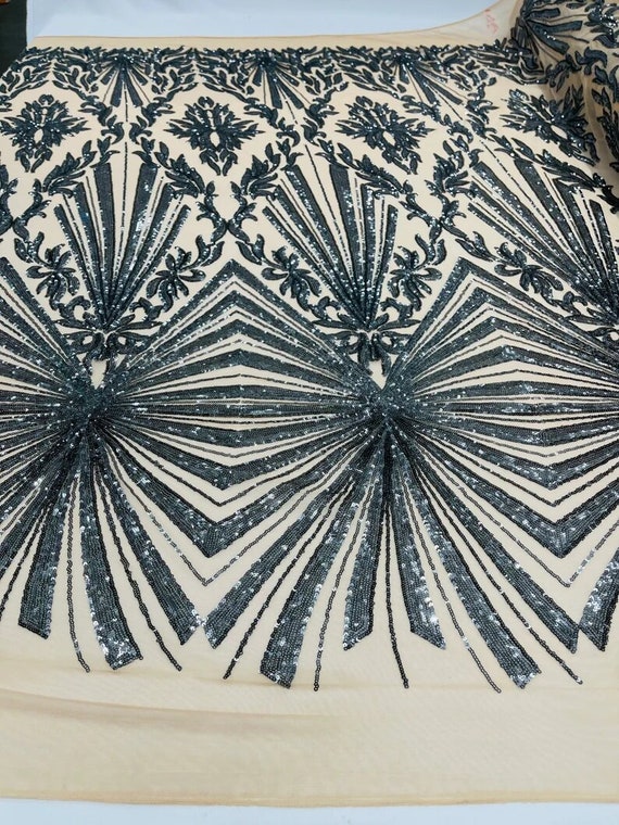 Diamond Damask Design on a 4 Way Stretch Mesh-Prom-Sold by The Yard. Charcoal/Nude