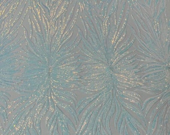 Iridescent Phoenix Feather Design with Sequins Embroider on a 4 Way Stretch Mesh Fabric-Sold by The Yard. Aqua Iridescent Clear
