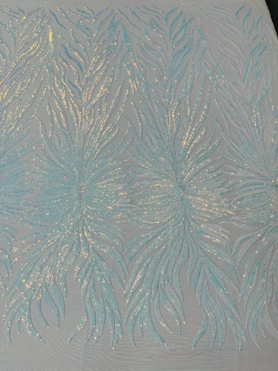 Iridescent Phoenix Feather Design with Sequins Embroider on a 4 Way Stretch Mesh Fabric-Sold by The Yard. Aqua Iridescent Clear