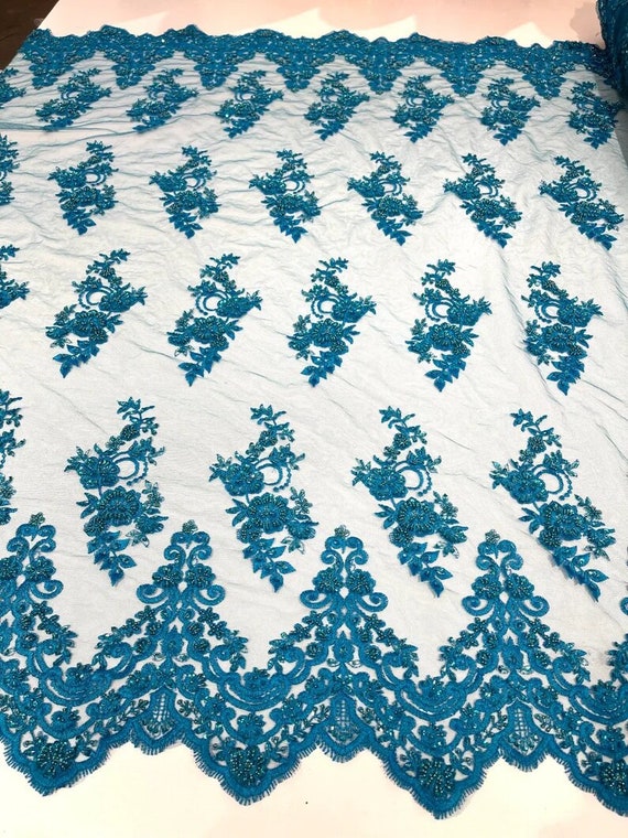 Elegant Hand Beaded Design Embroider on a Glitter Mesh Lace-Prom-Sold By The Yard. Turquoise