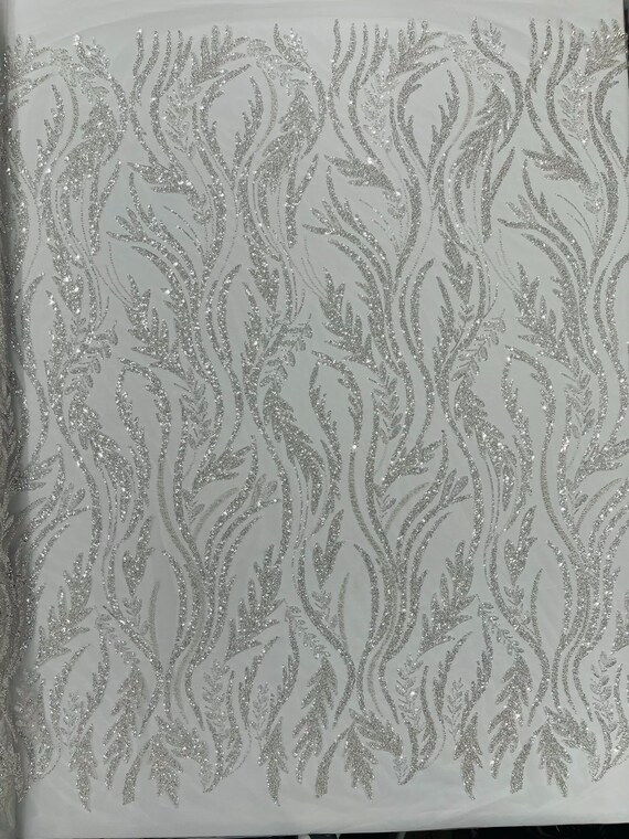 White Luxury Festival Beaded Vine Lace Fabric, Sold by The Yard.