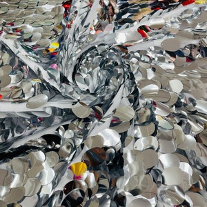 Silver Jumbo Sequins Oval Sequin Paillette/Tear Drop Mermaid Big Sequins Fabric On White Mesh/ 54 Inches Wide.