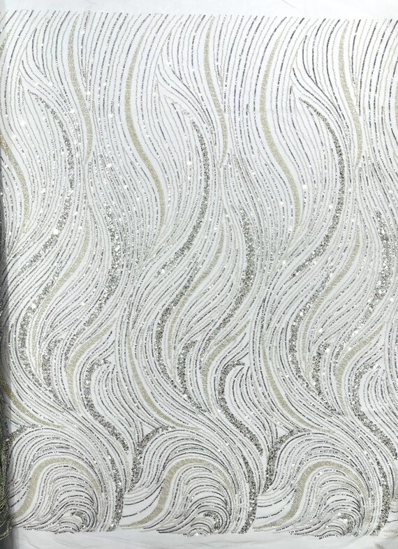 Silver Luxury Wave Beaded Lace Fabric| Prom| Wedding| By The Yard.
