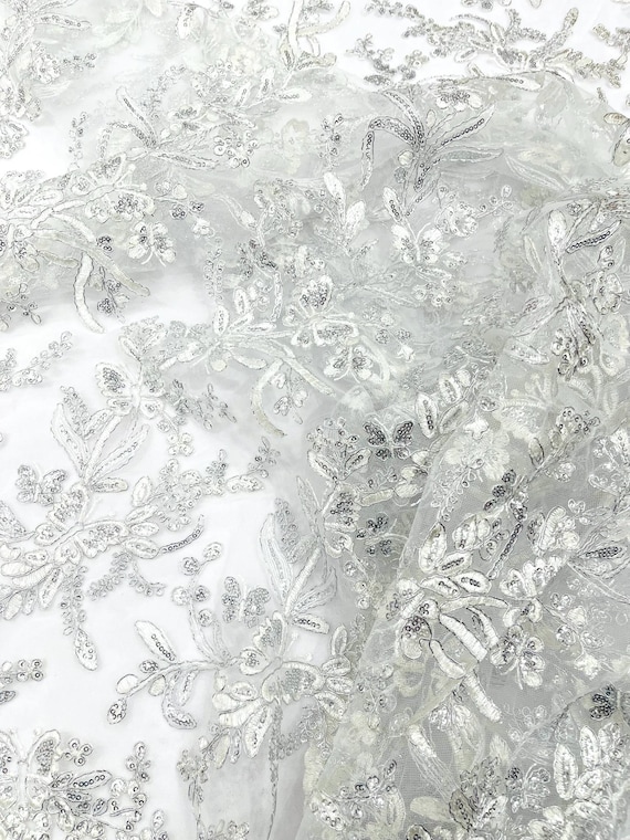 White Silver Corded Lace with Butterfly Embroidery and Sequin on Mesh Fabric.-Sold by the yard