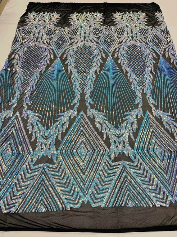 Geometric Diamond Design with Shiny Iridescent Sequins On a 4 Way Stretch Mesh-Dresses-Prom-Nightgown-Sold By The Yard- Clear Icy Black