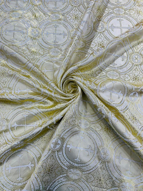 Metallic Cross Brocade Jacquard Satin/Religious Brocade/58" Wide/Liturgical Fabric/Church/Vestment-By The Yard