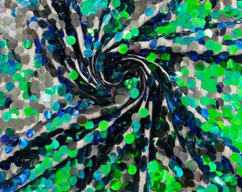 Green Black Iridescent Round Sequin Paillette On Black Mesh Fabric/ 54 Inches Wide/Cosplays Fabric/Prom/Backdrops.