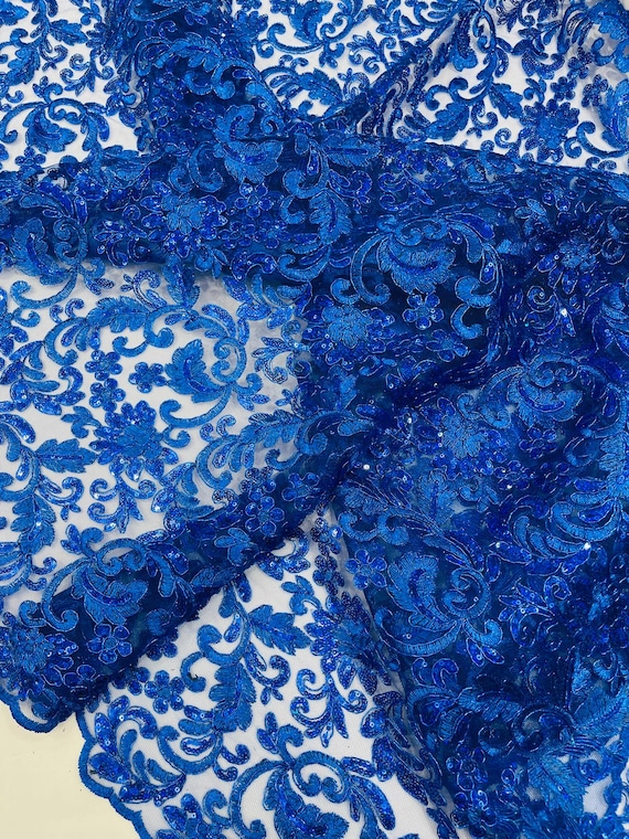 Royal Blue Metallic Corded Flowers Embroider With Sequins On a Mesh Lace Fabric- Sold By The Yard.