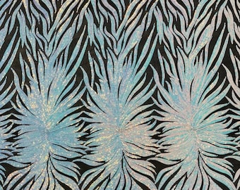 Iridescent Phoenix Feather Design with Sequins Embroider on a 4 Way Stretch Mesh Fabric-Sold by The Yard. Aqua Iridescent Black