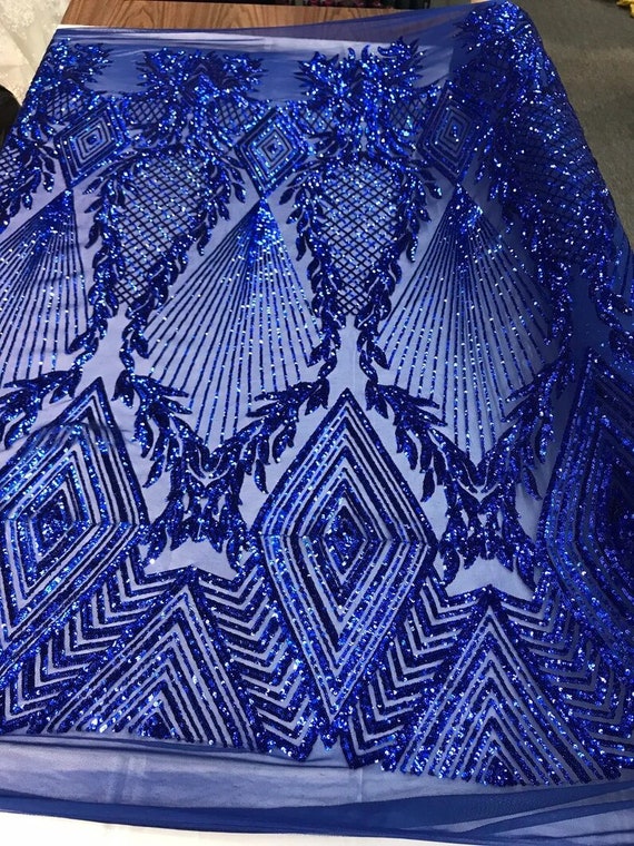 Geometric Diamond Design with Shiny Sequins On a 4 Way Stretch Mesh-Dresses-Prom-Nightgown-Sold By The Yard- Royal Blue