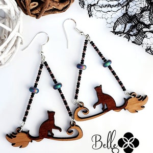 Cat on a Witch&#39;s Broom Beaded Dangle Earrings