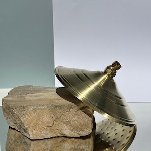 Puede incluir: Un cabezal de ducha dorado con un dise&ntilde;o redondo y plano y un peque&ntilde;o conector redondo. El cabezal de ducha est&aacute; apoyado en una roca marr&oacute;n y rugosa.