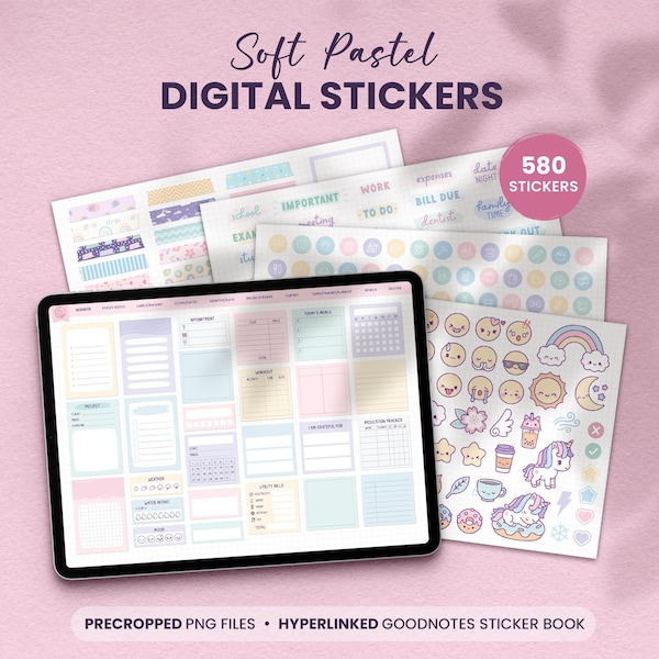 Soft Pastel Stickers for Digital Planner, Planner Essentials, Kawaii Cute Pastel Stickers for GoodNotes, GoodNotes Stickers, Ipad Stickers