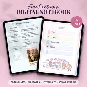 May include: A mockup of a digital notebook app with five tabs for different subjects: Maths, English, Social Studies, Science, and Literature. The app features a pink and blue colour scheme with cute illustrations of animals and flowers. The text "Five Sections DIGITAL NOTEBOOK" is displayed at the top of the image.