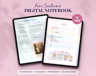 5 Sections Pastel Digital Notebook, Undated Digital Notebook Students, iPad Android GoodNotes Notebook,Good Notes Notability OneNote Journal