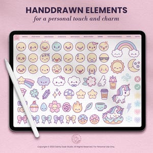 kawaii soft pastel emojis unicorn rainbow clouds and stars digital stickers  for digital planners or journals for ipad and android