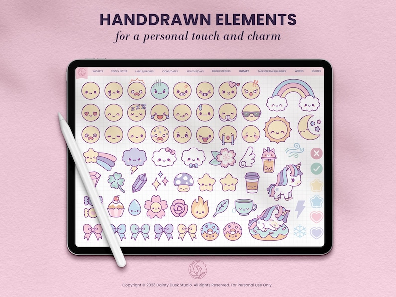 kawaii soft pastel emojis unicorn rainbow clouds and stars digital stickers  for digital planners or journals for ipad and android