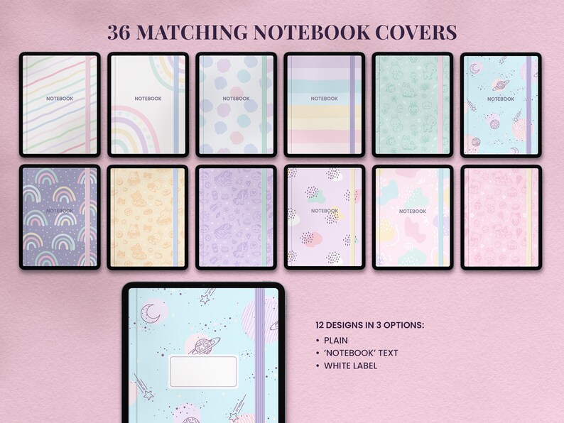 kawaii pastel digital notebook covers in a soft pastel color scheme for ipad or android in goodnotes notability collanote or xodo