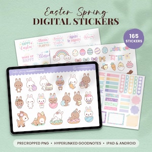 May include: A digital sticker set with 165 Easter and spring-themed stickers. The stickers feature cute bunnies, flowers, eggs, and other spring elements. The stickers are pre-cropped and hyperlinked for use in Goodnotes, iPad, and Android.