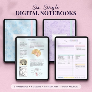 6 pojedynczych pastelowych cyfrowych notatników, niedatowany cyfrowy notatnik dla uczniów, iPad Android GoodNotes Notability OneNote Notebook Journal