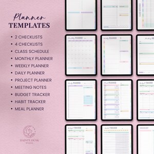 pastel planner templates in a digital notebook for school or office such as monthly/weekly/daily planner, project planner, budget and habit tracker, meal planner and more