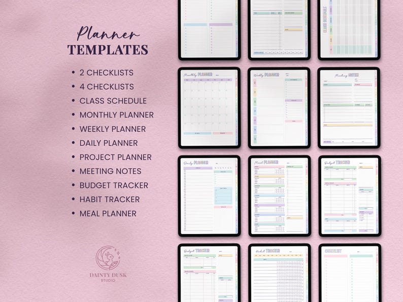 pastel planner templates in a digital notebook for school or office such as monthly/weekly/daily planner, project planner, budget and habit tracker, meal planner and more