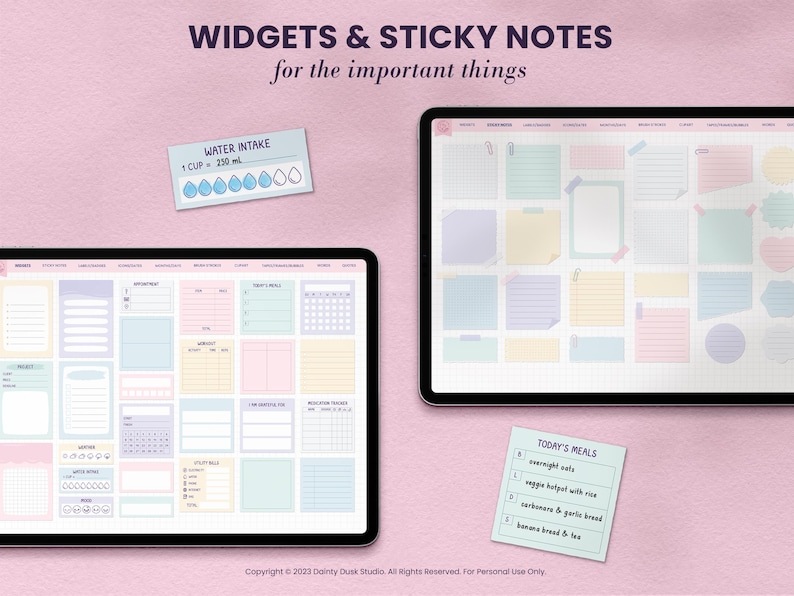 soft pastel digital planner journal stickers with sticky notes and widgets for goodnotes on ipad or collanote xodo notability noteshelf on android