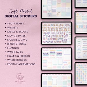 soft pastel digital functional stickers and kawaii stickers for notebooks, journals and planners on the ipad or android