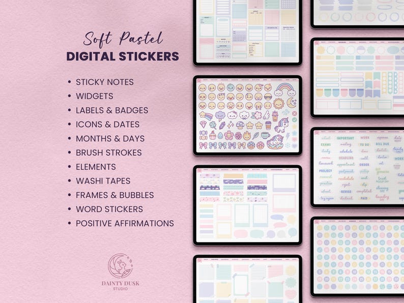 soft pastel digital functional stickers and kawaii stickers for notebooks, journals and planners on the ipad or android