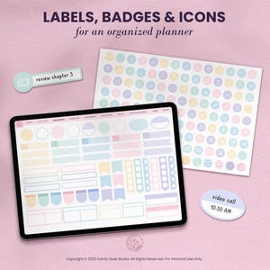 kawaii soft pastel icons and labels digital  stickers for digital notebooks and digital planners on goodnotes noteshelf penly notability or xodo on android or ipad