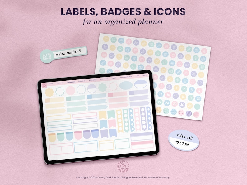 kawaii soft pastel icons and labels digital  stickers for digital notebooks and digital planners on goodnotes noteshelf penly notability or xodo on android or ipad