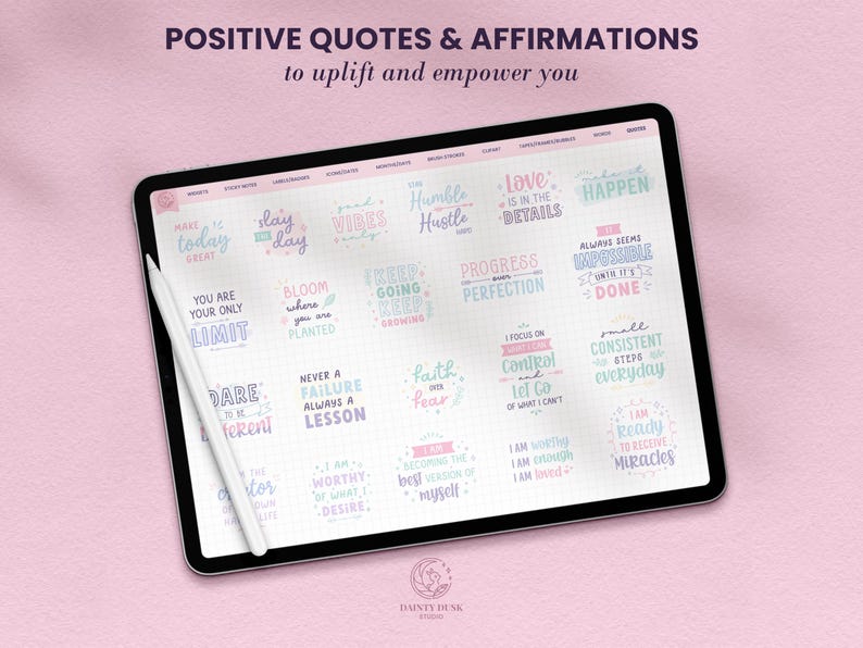 pastel quotes and affirmation and manifestation stickers for digital planners and digital journals which are also printable for ipad android