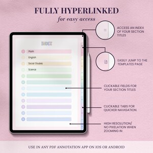 pastel digital notebook for ipad or android with fully hyperlinked clickable tabs and customizable index page for your section titles