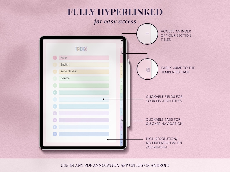 pastel digital notebook for ipad or android with fully hyperlinked clickable tabs and customizable index page for your section titles