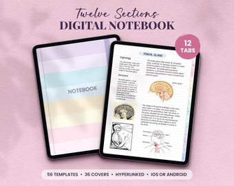 12-delade digitala anteckningsböcker i pastellfärg, odaterad digital anteckningsbok för studenter, iPad Android-anteckningsbok, GoodNotes Notability OneNote Xodo-anteckningsbok