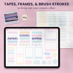 kawaii soft pastel printable digital stickers with washi tapes, brush strokes and frames for goodnotes