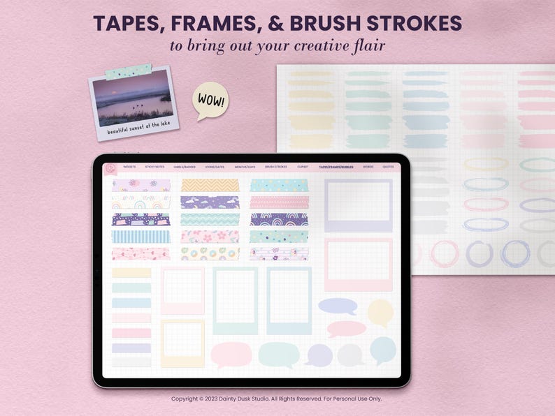 kawaii soft pastel printable digital stickers with washi tapes, brush strokes and frames for goodnotes