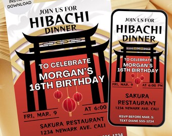 Bewerkbare Hibachi verjaardagsuitnodiging diner, moderne feestuitnodiging (digitaal)