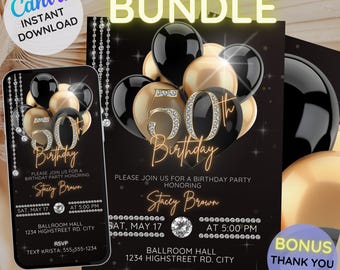50th Birthday Party Invitation, Gold Black Digital 50th Glam Dinner Invite Template, Diamond Editable Party Invite paper and digital