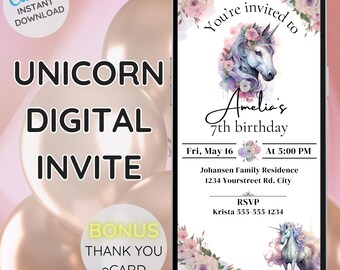 編集可能なユニコーン誕生日招待状、キラキラレインボー、キッズパーティー（デジタルダウンロード）