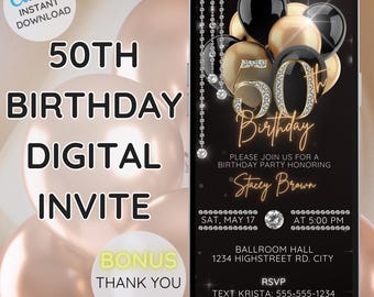 50th Birthday Invitation, Gold & Black Glam Dinner, Editable Template (Digital)