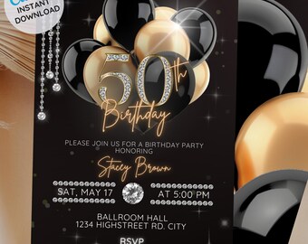 50th Birthday Invitation, Gold Black Glam, Editable Template (Digital Download)