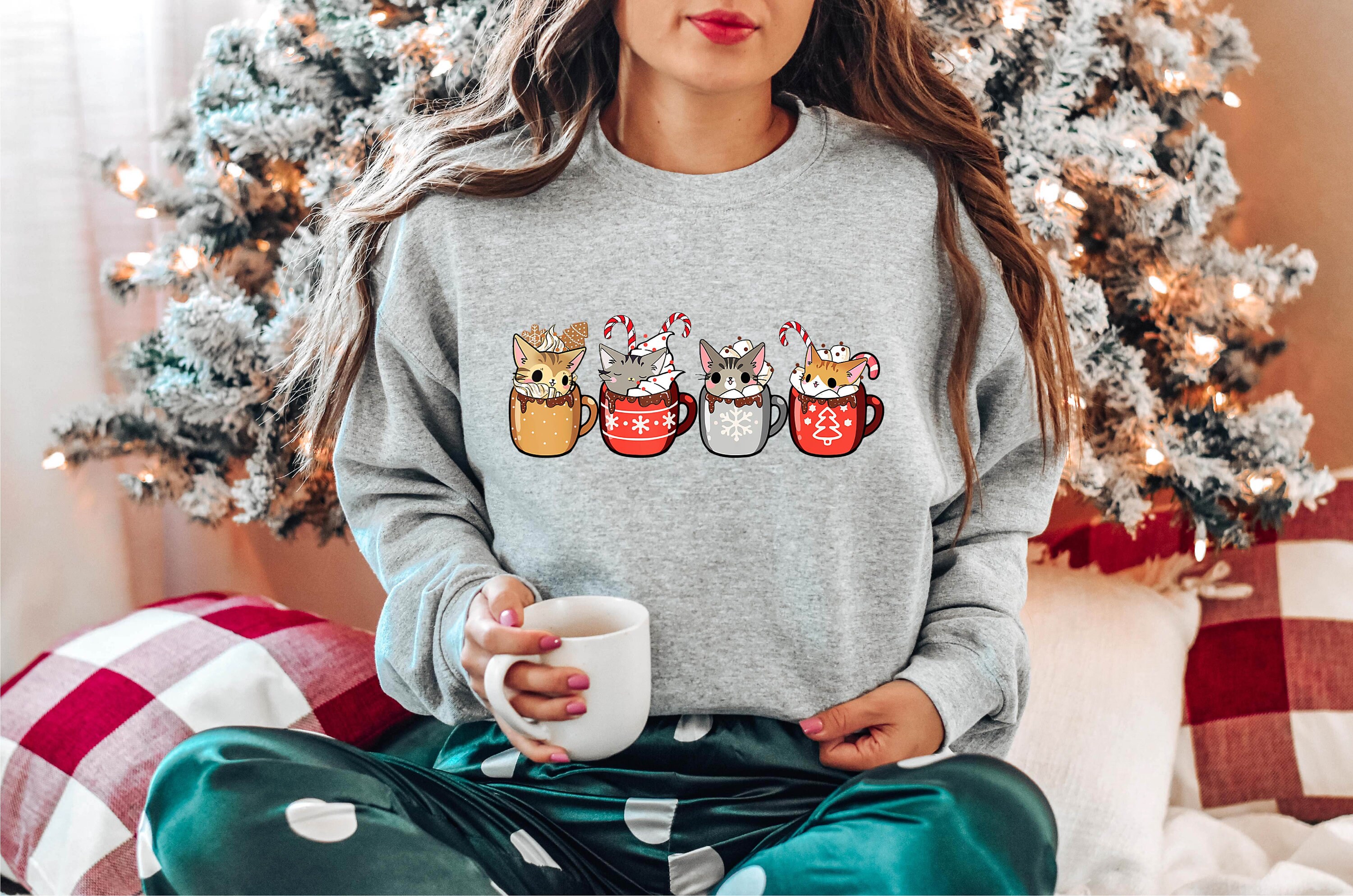 Discover Christmas Cats and Coffee Sweatshirt, Cat Mom Gift, Christmas Cat Lover Sweatshirt, Kitten Christmas Coffee Sweater, Cute Cat Lover Gifts