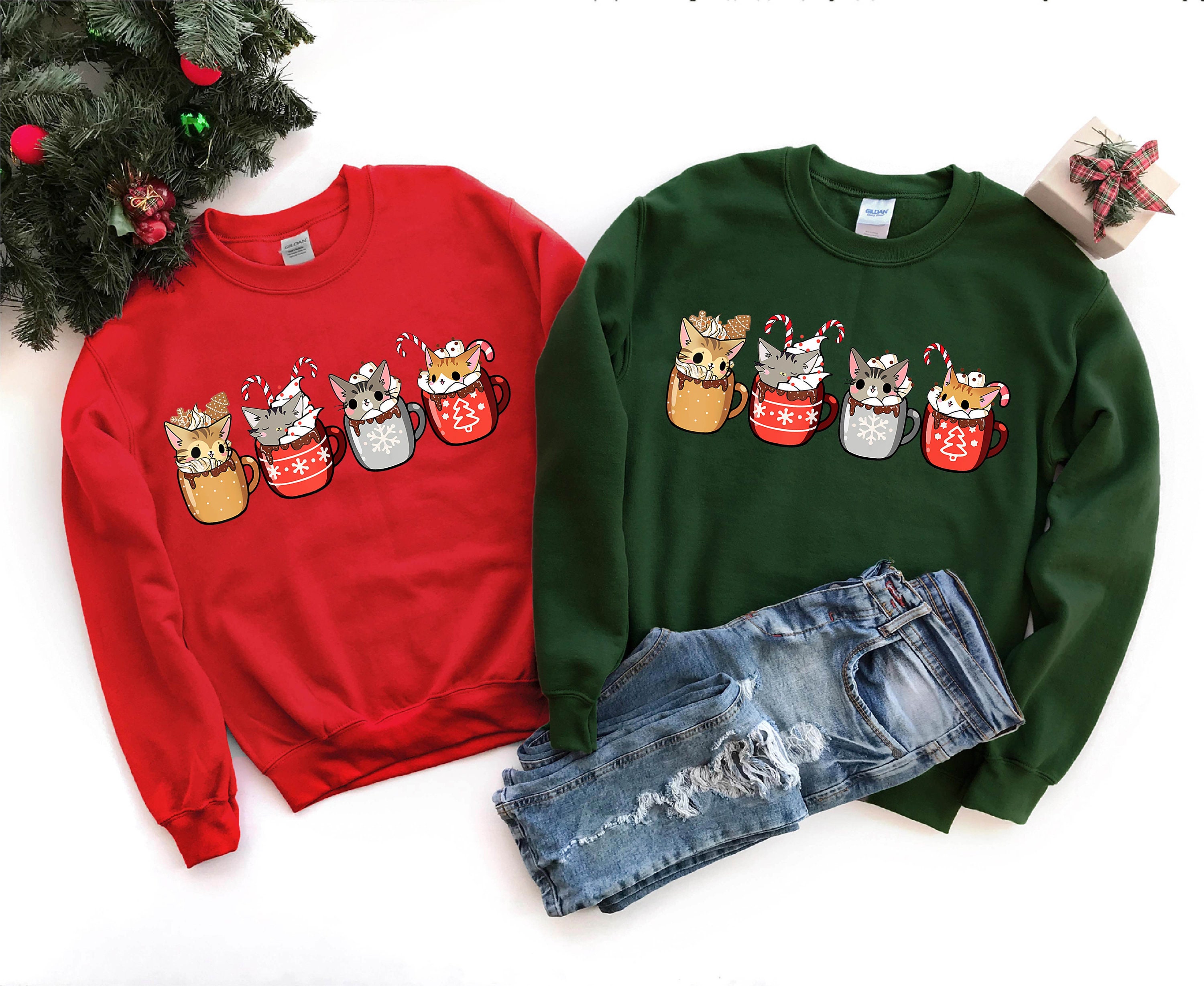 Discover Christmas Cats and Coffee Sweatshirt, Cat Mom Gift, Christmas Cat Lover Sweatshirt, Kitten Christmas Coffee Sweater, Cute Cat Lover Gifts