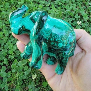 Malachite Elephant, Carved Crystal Statue, Mineral Specimen