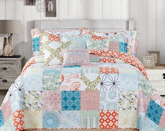 Ensembles de courtepointe pour très grand lit, 9 pièces, couvre-lit matelassé floral en patchwork coloré avec taies d'oreiller