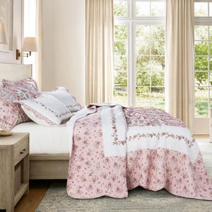 Pink Floral Patchwork Quilt Set King, Ruffled Embroidered Bedspread Shabby Chic, 5 Piece
