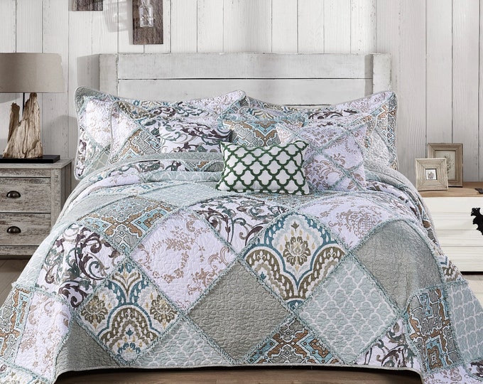 9piece King Quilt Sets Aqua White Patchwork Floral Quilted Bedspread W