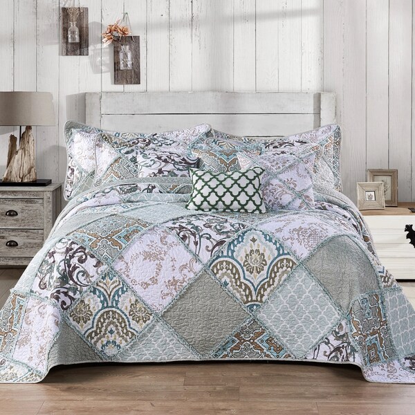 9-Piece King Quilt Sets Aqua White Patchwork Floral Quilted Bedspread w/Pillow Shams Microfiber Lightweight Reversible Handmade Bedding Set