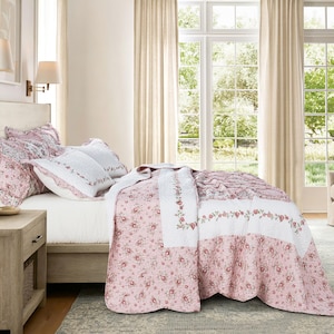 King Size Pink Floral Patchwork Quilt Set–Shabby Chic Floral Bedding, Ruffled Embroidered Quilted Bedspread, Print 5 Piece All Seasons Quilt